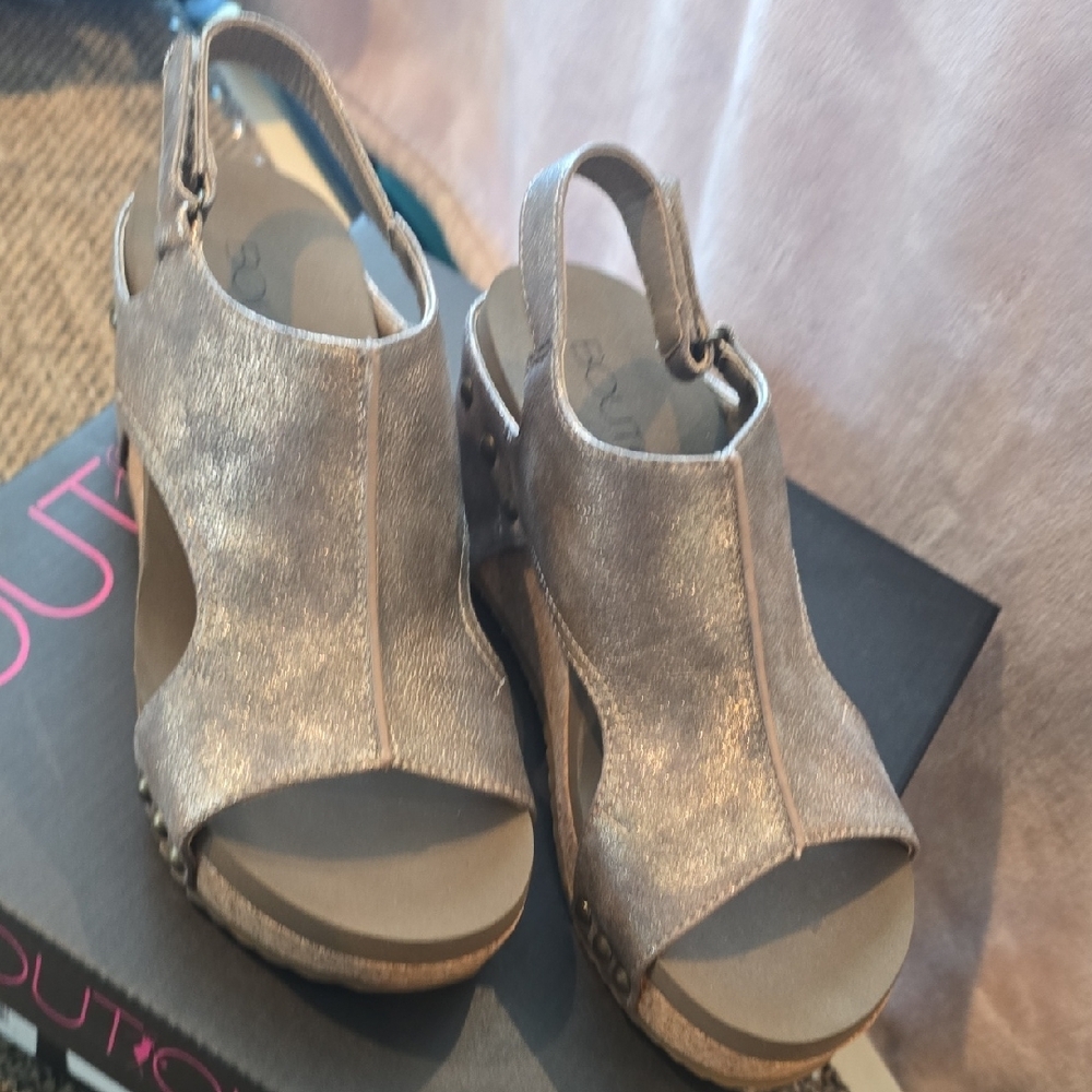 Corkys Metallic Pewter Wedge Sandals - Picture 3 of 9